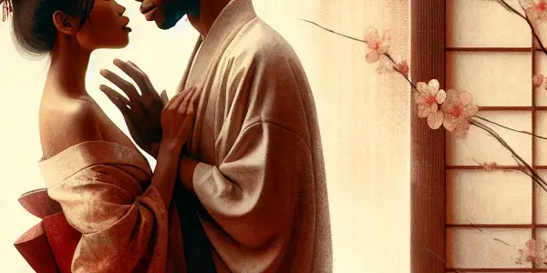 A romantic embrace between two characters in a softly lit Japanese room, framed by cherry blossoms.