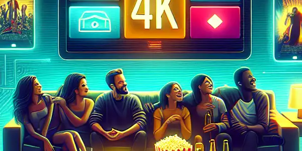 A group of friends joyfully watching movies on a sleek tablet and smartphone in a cozy living room.