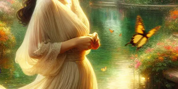 A serene garden scene featuring Matsushima Kaede, surrounded by vibrant flowers, a tranquil pond, and delicate butterflies.