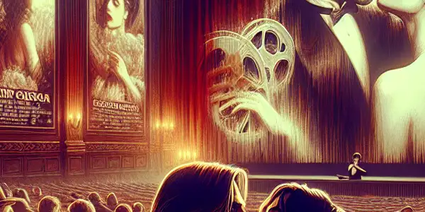 A couple shares an intimate moment in a luxurious, dimly lit movie theater adorned with vintage romance posters.