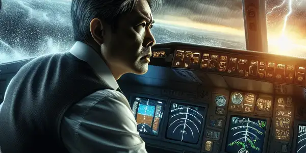 A courageous pilot and co-pilot navigate a turbulent storm in a modern cockpit, showcasing teamwork and bravery.