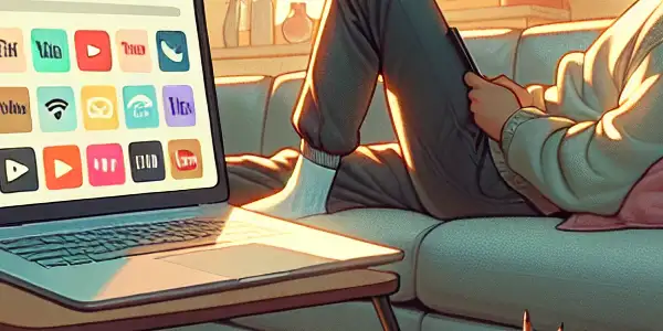 A young adult relaxes on a couch, exploring streaming platforms on a laptop in a cozy home setting.